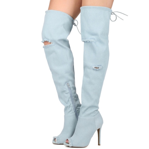 👖Frayed Light Denim Peep Toe Thigh Boots - Picture 4 of 6